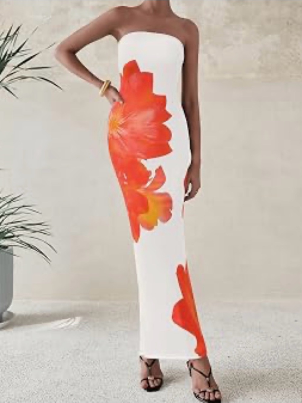 Strapless White Maxi Dress with Orange Floral Print Bodycon